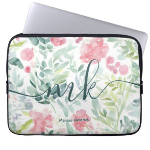 Watercolor Coral Pink Abstract Flowers Monogram Laptop Sleeve