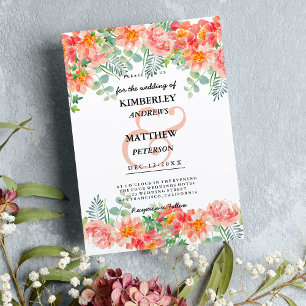 Watercolor coral pink mint green botanical Wedding Invitation