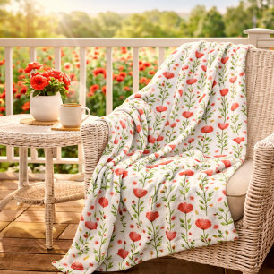 Watercolor Coral Pink Poppy Floral Fleece Blanket
