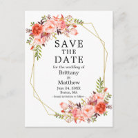 Watercolor Coral Roses Geo Frame Save The Date