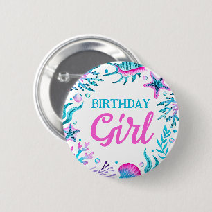 Watercolor Coral & Sea Shells Birthday Girl 6 Cm Round Badge