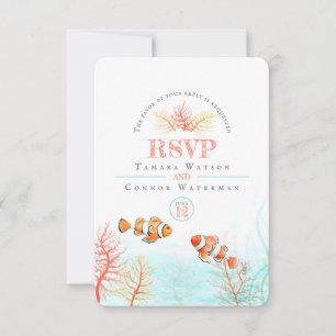 Watercolor coral tropical sea fish wedding RSVP card