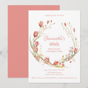 Watercolor Coral Tulips 60th Birthday Party Invitation