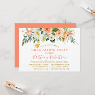 Watercolor Coral White Floral Gold Grad Party Invitation