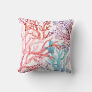 Watercolor corals: underwater world pattern. cushion