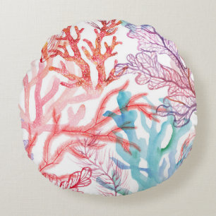 Watercolor corals: underwater world pattern. round cushion