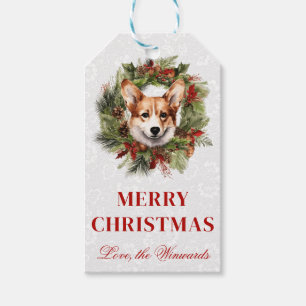 Watercolor Corgi and Winter Wreath Christmas Gift Tags