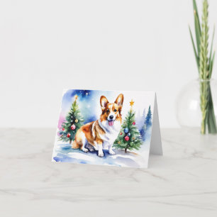Watercolor Corgi at Christmas Tree Farm Holiday Card