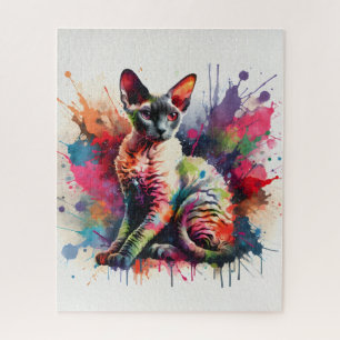Watercolor Cornish Rex Cat Colourful Portrait Jigsaw Puzzle