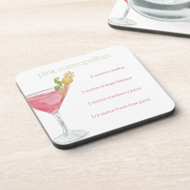 Watercolor Cosmopolitan Cocktail Recipe Coaster (Left Side)