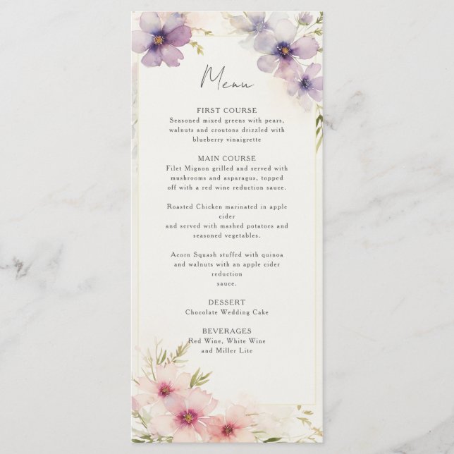 watercolor cosmos flowers wedding menu (Front)