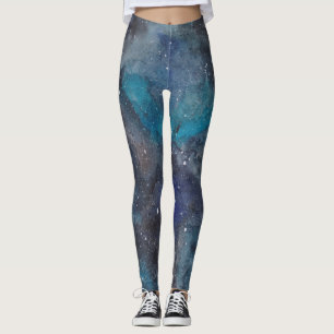 Watercolor Cosmos in Blue and Black Space Leggings