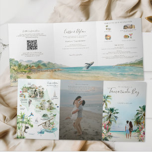 Watercolor Costa Rica Destination Wedding Map Tri-Fold Invitation