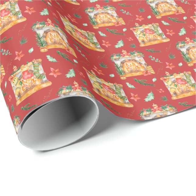 Watercolor Cosy Christmas Fireplace Red Pattern Wrapping Paper (Roll Corner)