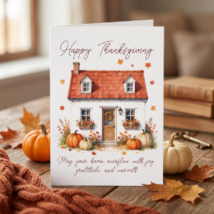 Watercolor Cosy Fall Cottage Pumpkins Thanksgiving Card