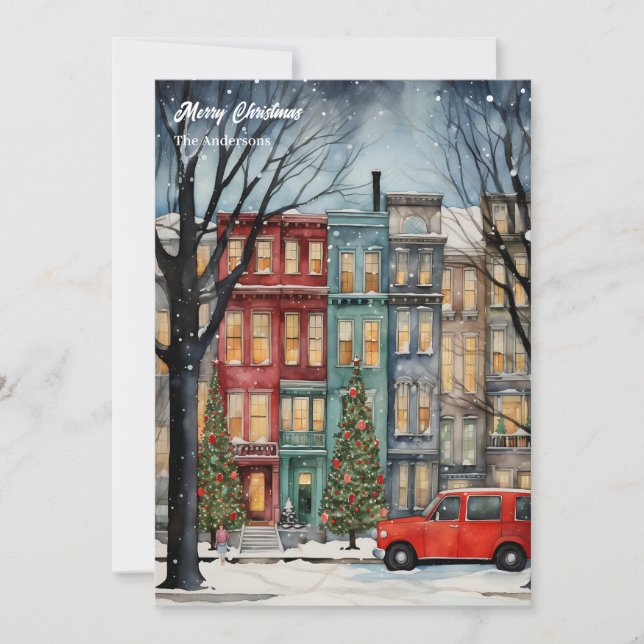 Watercolor cosy festive Christmas city tree Holiday Card (Front)