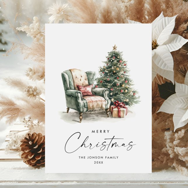 Watercolor Cosy Home Christmas Tree Holiday Card (Creator Uploaded)