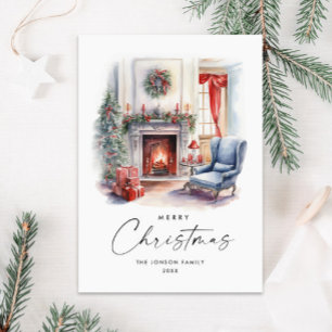 Watercolor Cosy Home Christmas Tree Holiday Card