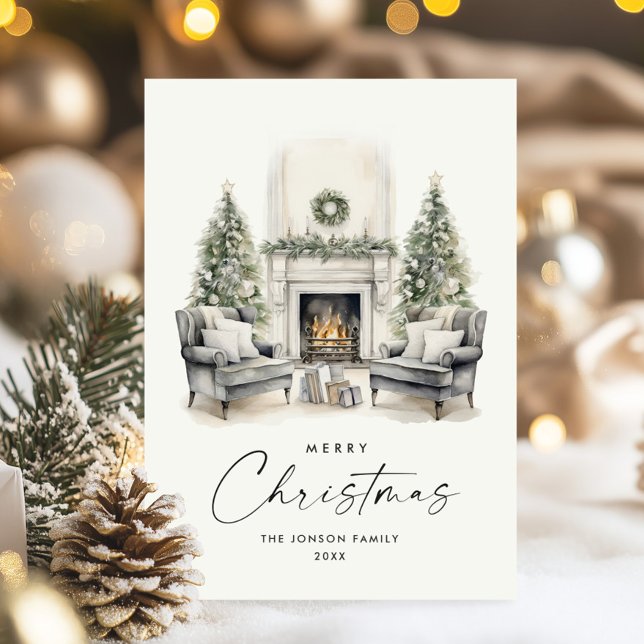Watercolor Cosy Home Christmas Tree Holiday Card (Creator Uploaded)