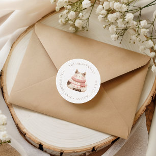 Watercolor Cosy Pink Cat Christmas Return Address Classic Round Sticker