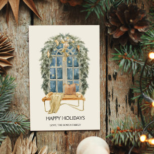 Watercolor Cosy Window Christmas Flat  Holiday Card