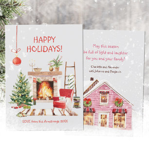 Watercolor Cosy Winter Cabin Christmas Holiday Card