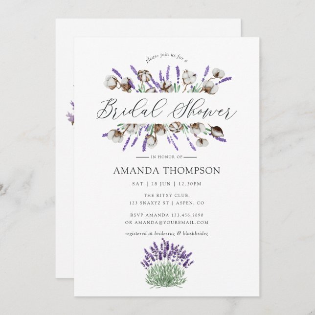 Watercolor Cotton Lavender Country Bridal Shower Invitation (Front/Back)