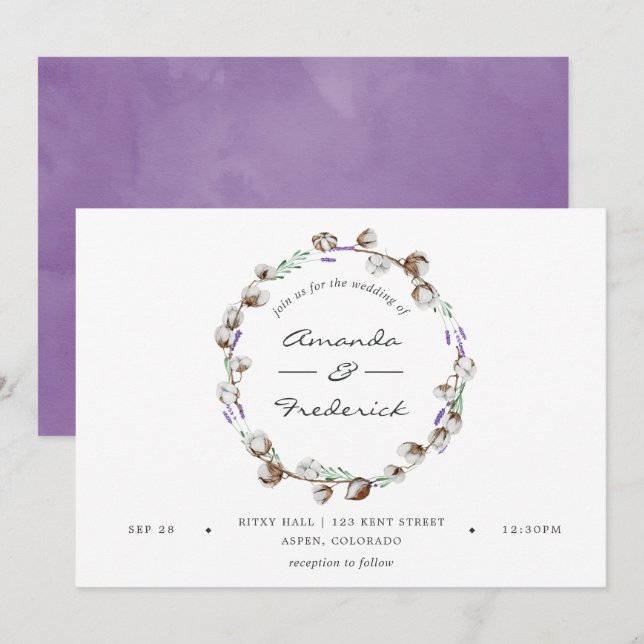 Watercolor Cotton Lavender Country Wedding Invitation (Front/Back)