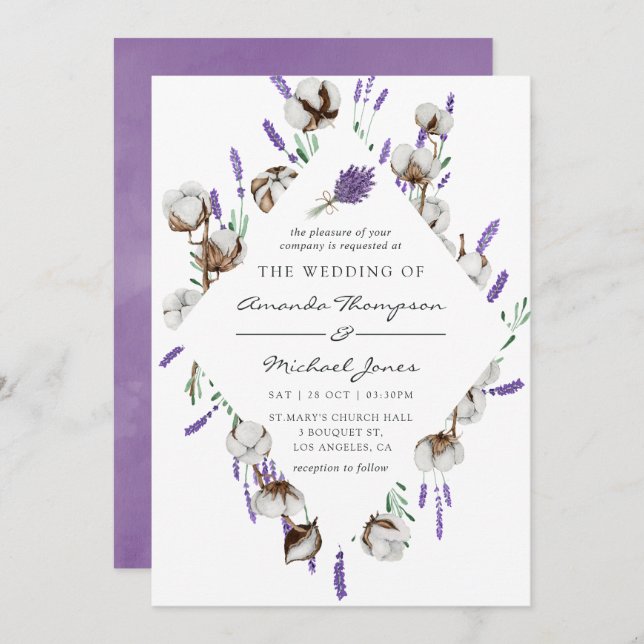 Watercolor Cotton Lavender Country Wedding Invitation (Front/Back)