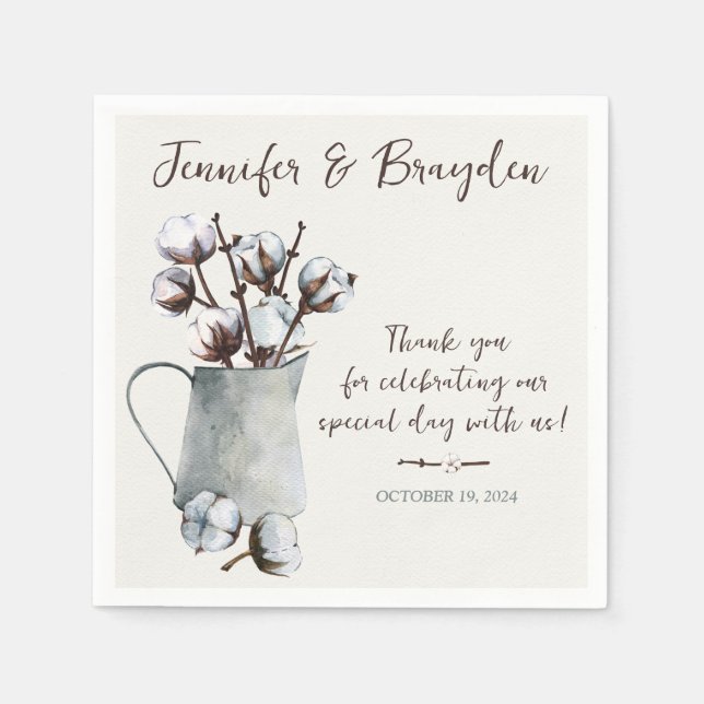 Watercolor Cotton Stems in Grey Pitcher Wedding Napkin (Front)