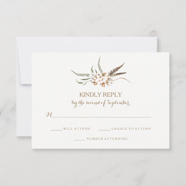Watercolor Cotton Wreath Feather Wedding RSVP Card (Front)