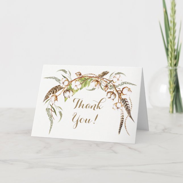 Watercolor Cotton Wreath Feather Wedding Thank You (Front)