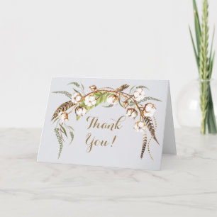 Watercolor Cotton Wreath Feather Wedding Thank You Card