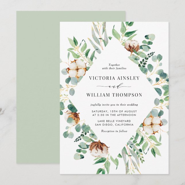 Watercolor Cottons and Eucalyptus Leaves Wedding Invitation (Front/Back)