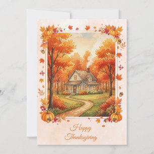 Watercolor Country Cabin Thanksgiving Holiday Card