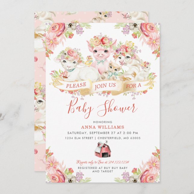 Watercolor Country Farm Animals Baby Shower Invitation (Front/Back)