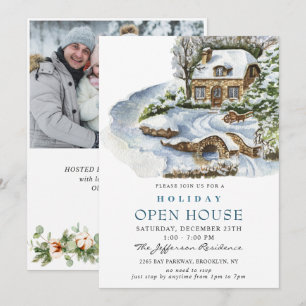Watercolor Country Holiday Christmas Open House Invitation