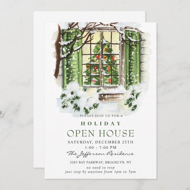 Watercolor Country Holiday Christmas Open House Invitation (Front/Back)