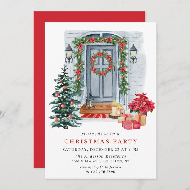 Watercolor Country Holiday House Christmas Party Invitation (Front/Back)