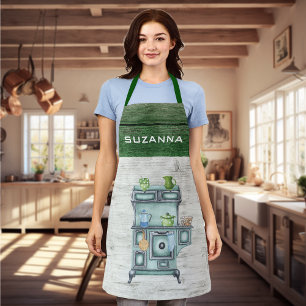 Watercolor Country Kitchen Green Personalised name Apron