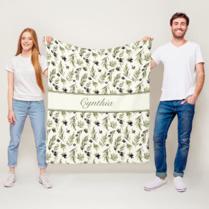 Watercolor Country Olive Pattern Monogram Name Fleece Blanket