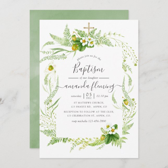 Watercolor Country Rustic Greenery Baptism Invitation (Front/Back)