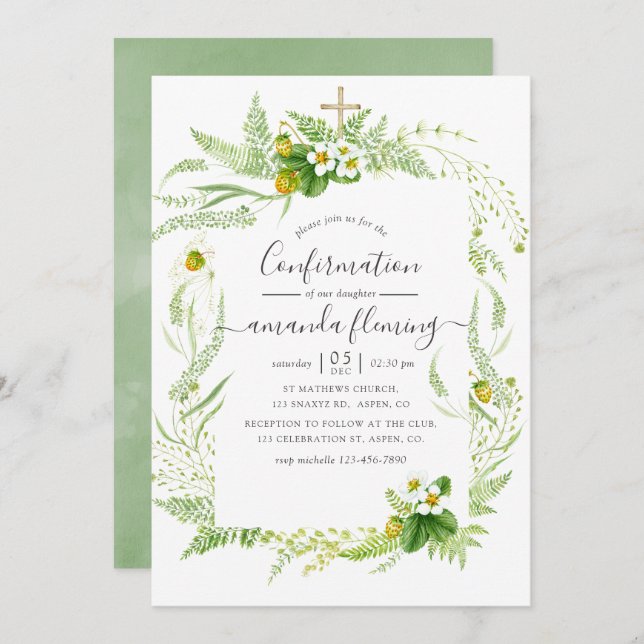 Watercolor Country Rustic Greenery Confirmation Invitation (Front/Back)