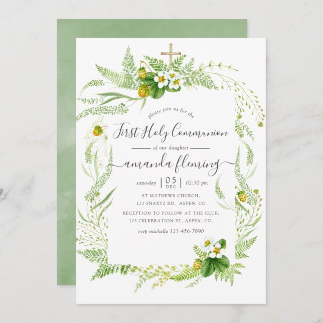 Watercolor Country Rustic Greenery Holy Communion Invitation (Front/Back)