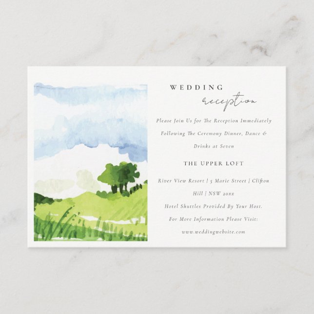 Watercolor Countryside Hills Wedding Reception Enclosure Card (Front)