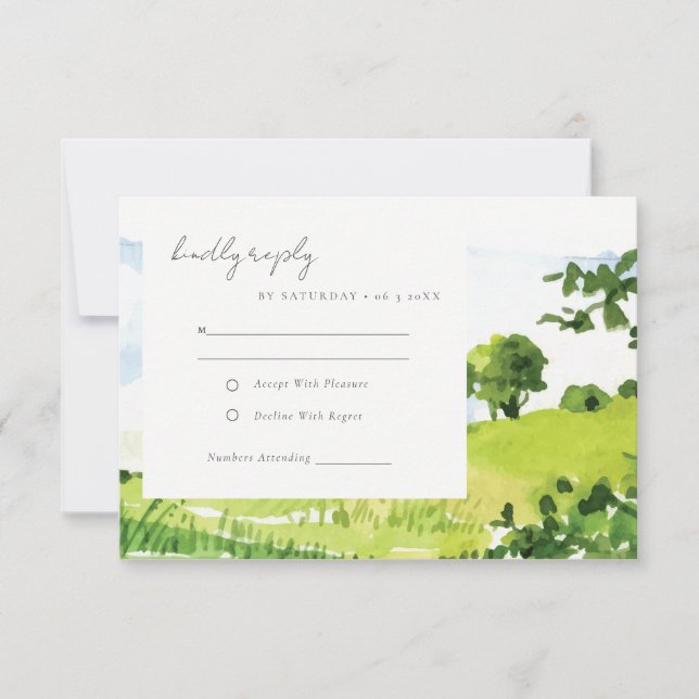 Watercolor Countryside Hills Wedding Reception RSVP Card (Front)