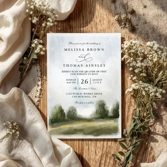 Watercolor Countryside Landscape QR Code Wedding Invitation (Creator Uploaded)