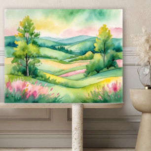 Watercolor Countryside Landscape with Trees Poster