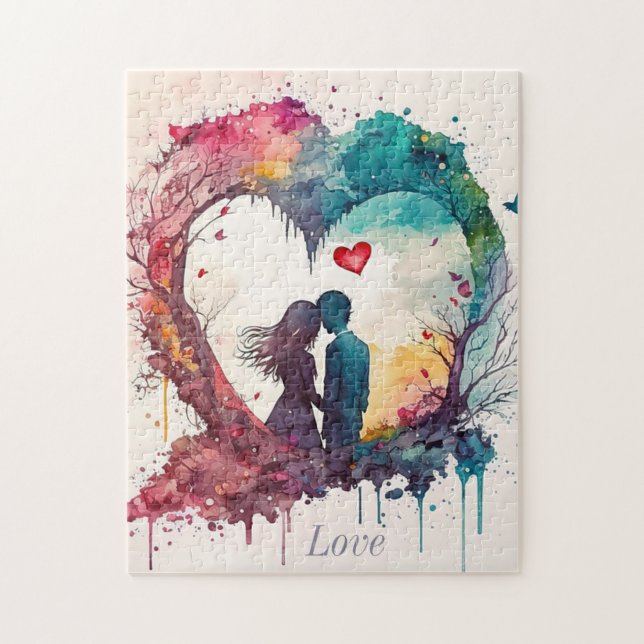 Watercolor Couple In Heart Valentine's Jigsaw Puzzle (Vertical)