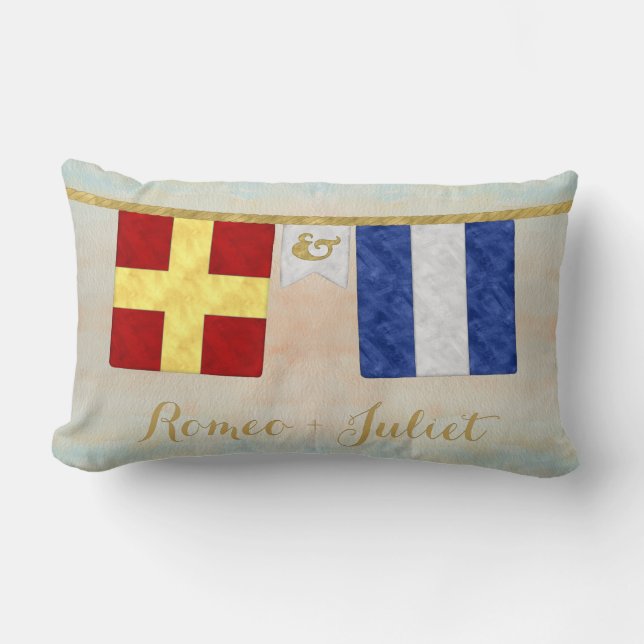 Watercolor Couples Monogram Maritime Signal Flags Lumbar Cushion (Front)